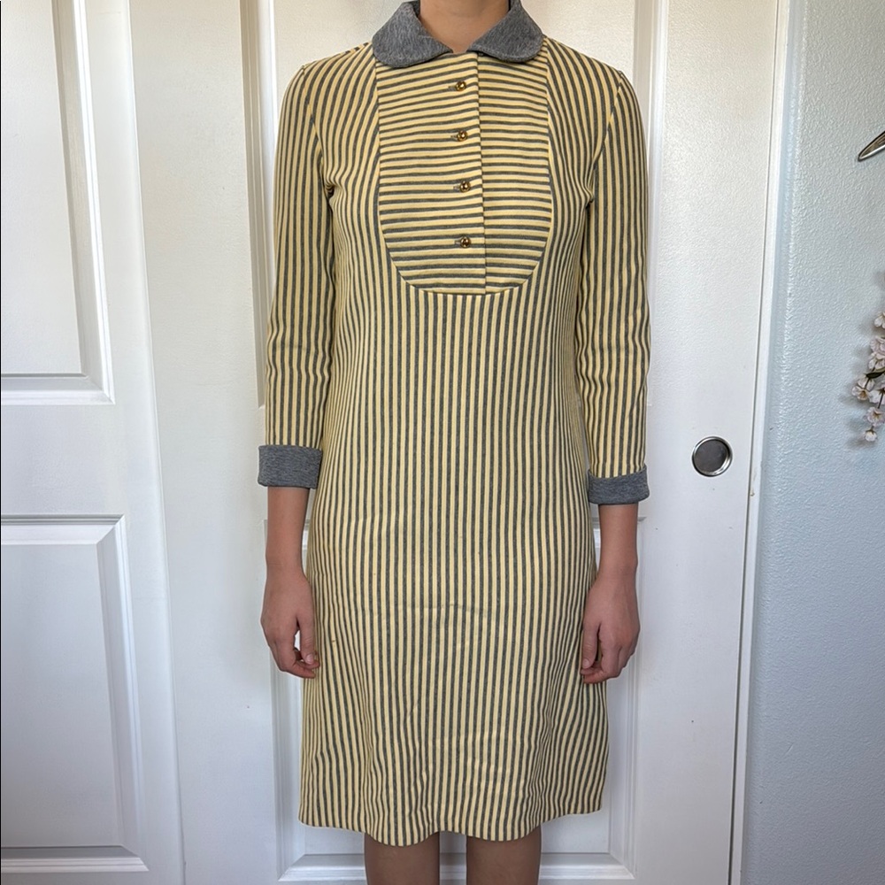 VINTAGE 60s DAVID CRYSTAL striped yellow and gray dress includes belt M L